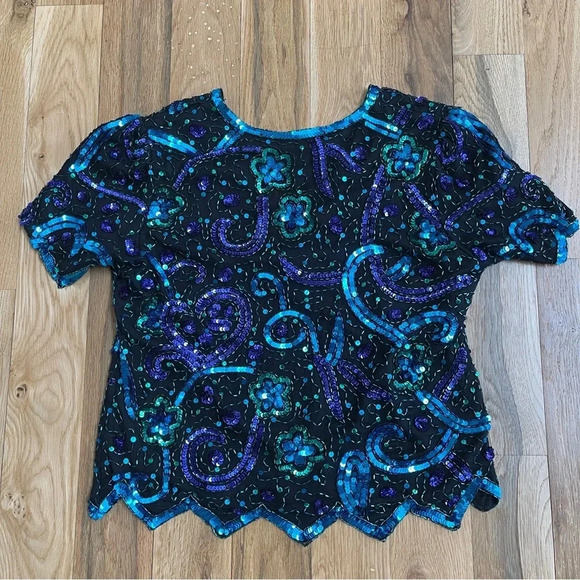 Vintage 80s Laurence Kazar hand-beaded sequin top, size petite Large; 100% silk - Picture 11 of 11